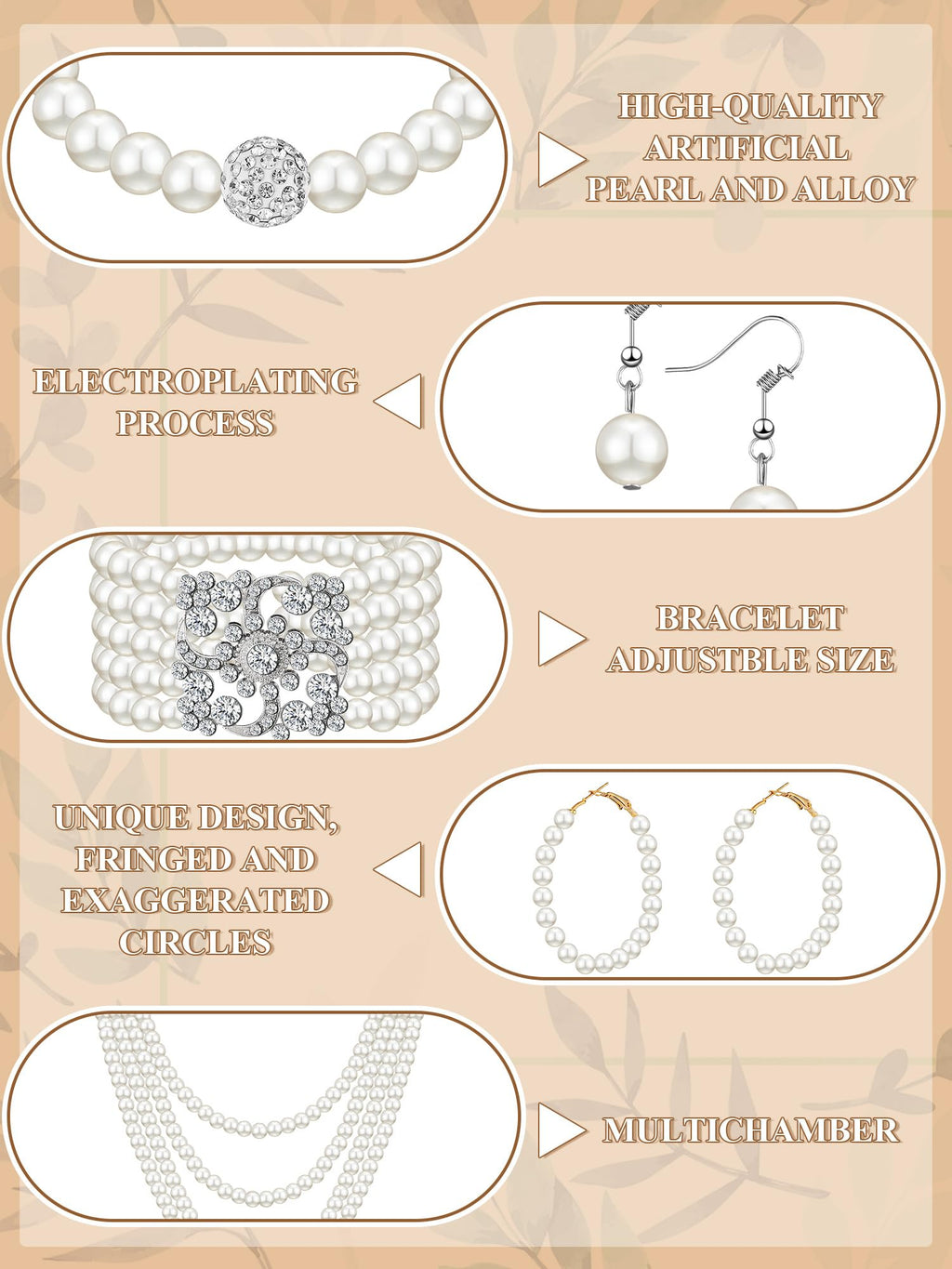 BBTO 8 Pcs Pearl Necklace and Earring Set for Women Faux Pearl Bracelet Costume Jewelry Set for Wedding Bridal Shower Party(Classic Style)