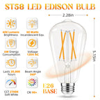 GvvooHome Edison Bulbs, E26 LED Bulb 60 watt Equivalent, Non-Dimmable, Soft White 2700K, ST58 Vintage Light Bulbs, 90+ CRI, 6W 600LM, E26 Medium Base, Clear Glass, 12 Pack