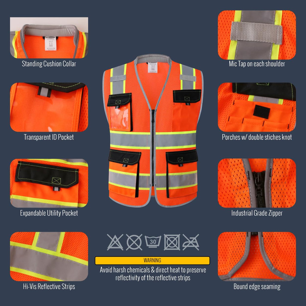 JKSafety Safety Vest for Men Women Hi Vis with Pockets and Cushioned Collar Reflective High Visibility Vest Class 2 Meet ANSI Standard Orange Color Extended Yellow Strips (BX360-Orange M) 1 Piece