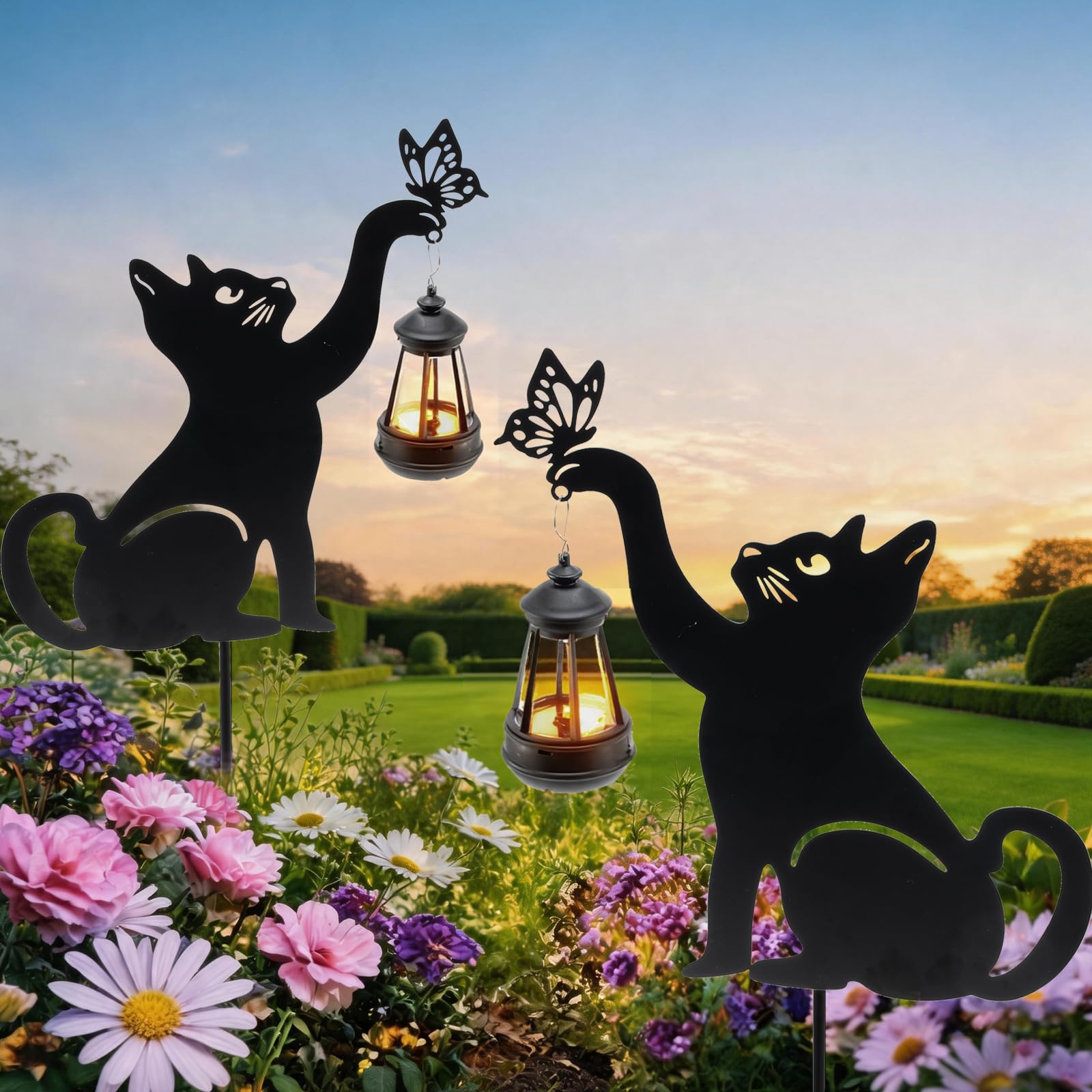 CabyGift Black Cat Solar Lights Outdoor, 2 Pack Cat Garden Decor
