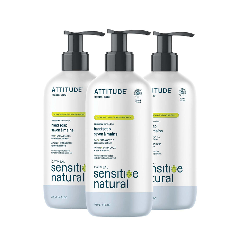ATTITUDE Hand Soap for Sensitive Skin Enriched with Oat, EWG Verified, Dermatologically Tested, Vegan, Extra Gentle, Unscented, 16 Fl Oz (Pack of 3)