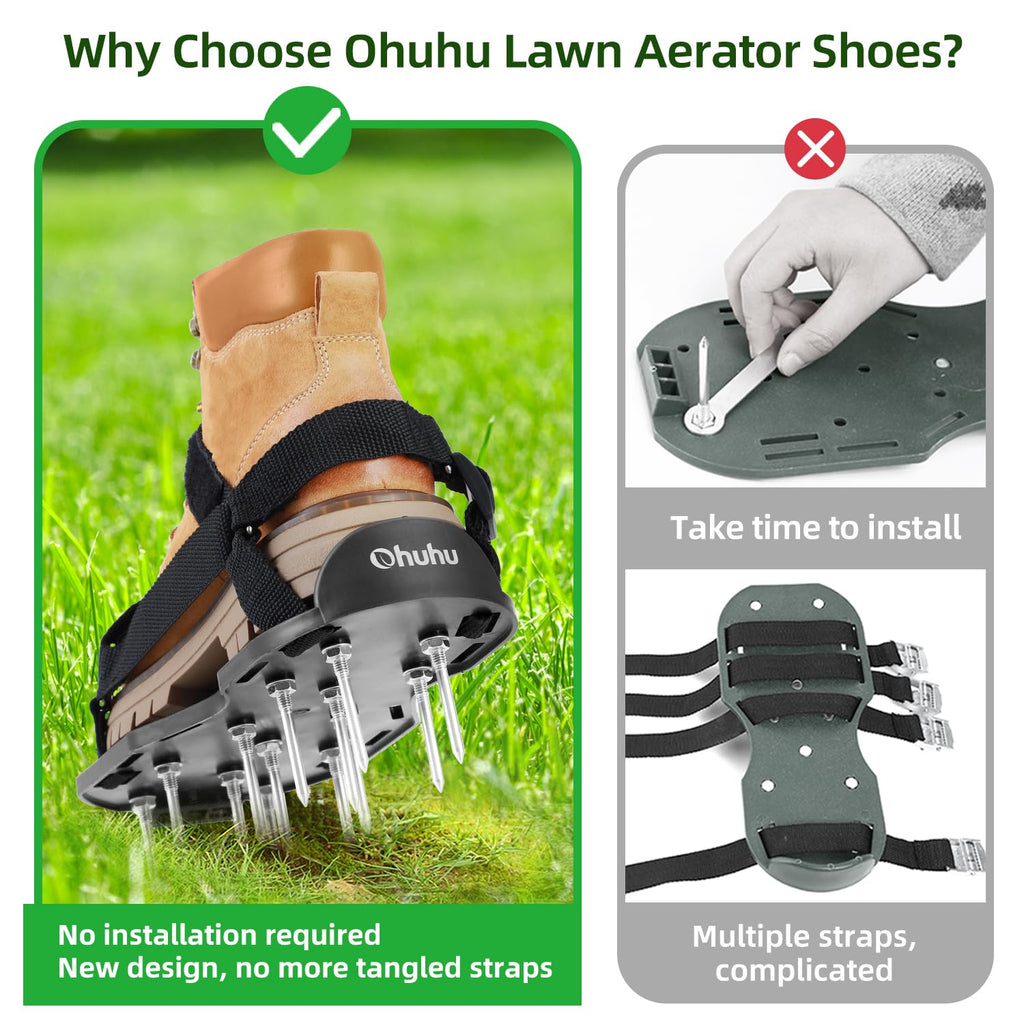 Ohuhu Lawn Aerator Shoes with Stainless Steel Shovel, Free-Installation Aerating Shoe with Hook&Loop Straps, Heavy Duty One-Size-Fits-All Spiked Aerating Sandals for Garden Grass