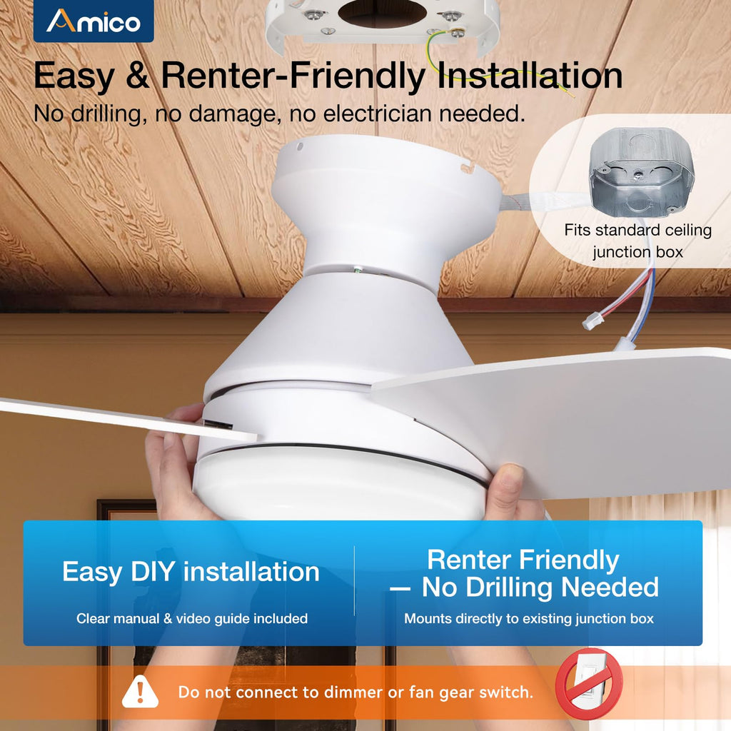 Amico Ceiling Fans with Lights, 30 inch Low Profile Ceiling fan with Light and Remote Control, Flush Mount, Reversible, 3CCT, Dimmable, Noiseless, White Ceiling Fan for Bedroom, Indoor/Outdoor Use