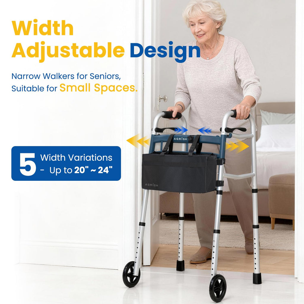 Folding Narrow Walker for Seniors – Width & Height Adjustable Walker with Bag, Lightweight Standard Walker for Elderly, Walkers for Seniors, Disabled, Bariatric