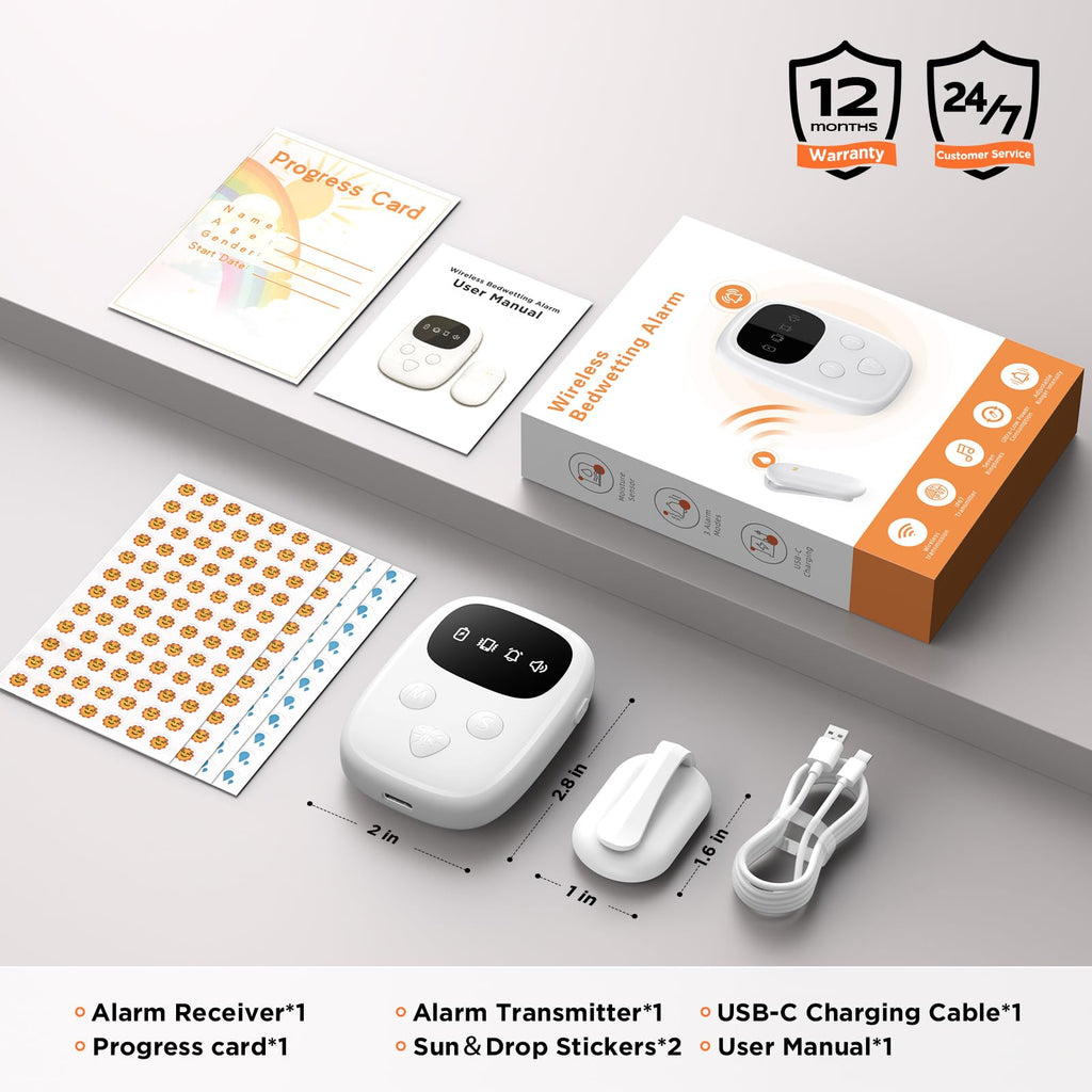 2026 New Wireless Bed Wetting Alarm for Boys and Girls, White Bedwetting Alarm, Compact & Comfortable Wireless Sensor, 7 Melodies 3 Modes,Includes Progress Card and Stickers