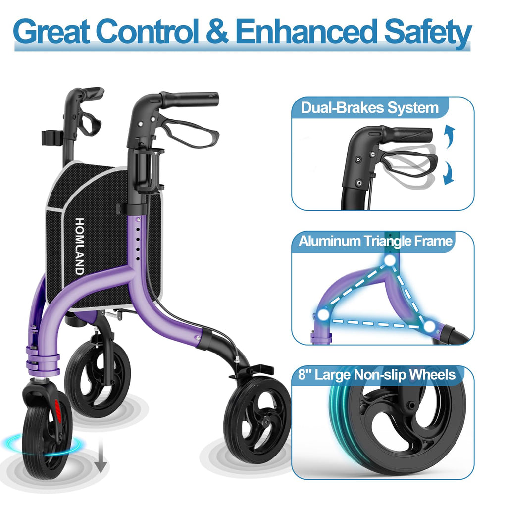HOMLAND 3 Wheel Walkers for Seniors, Foldable Wheeled Rollator with Cane Hold and Cup Hold, Lightweight Three Wheel Rolling Walker Height Adjustable for Seniors