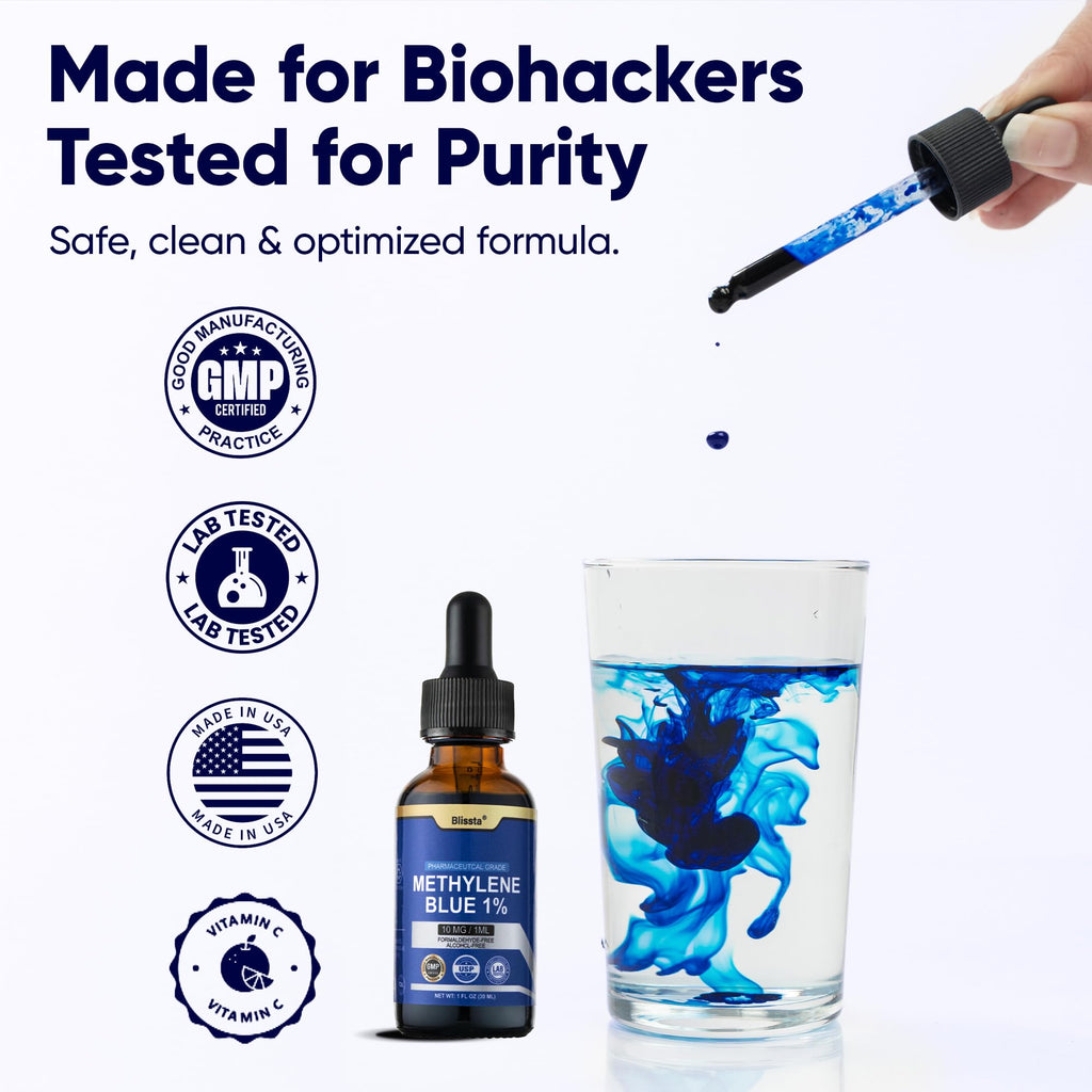 Blissta USP Pharmaceutical Grade Methylene Blue 1% Solution – Third-Party Lab Tested, Formaldehyde-Free, Heavy Metal Free –Nootropic - Cognitive Support, Brain Health, Energy & Focus Drops – 30ml