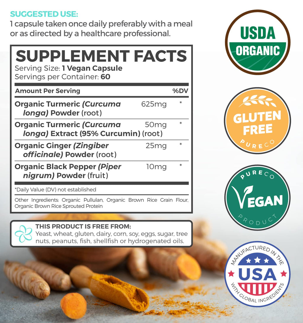 Organic Turmeric Ginger Black Pepper Supplement - High Potency Organic Turmeric Curcumin Capsules with Ginger & Black Pepper for Enhanced Benefits and Absorption - Vegan & Non-GMO (1 Month Supply)