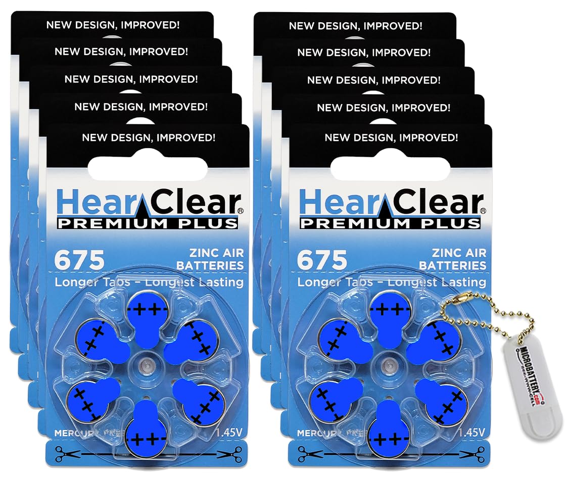 Hear Clear Size 675 PR44 Hearing Aid Batteries Blue Tab (60 Batteries) + Battery Holder Keychain