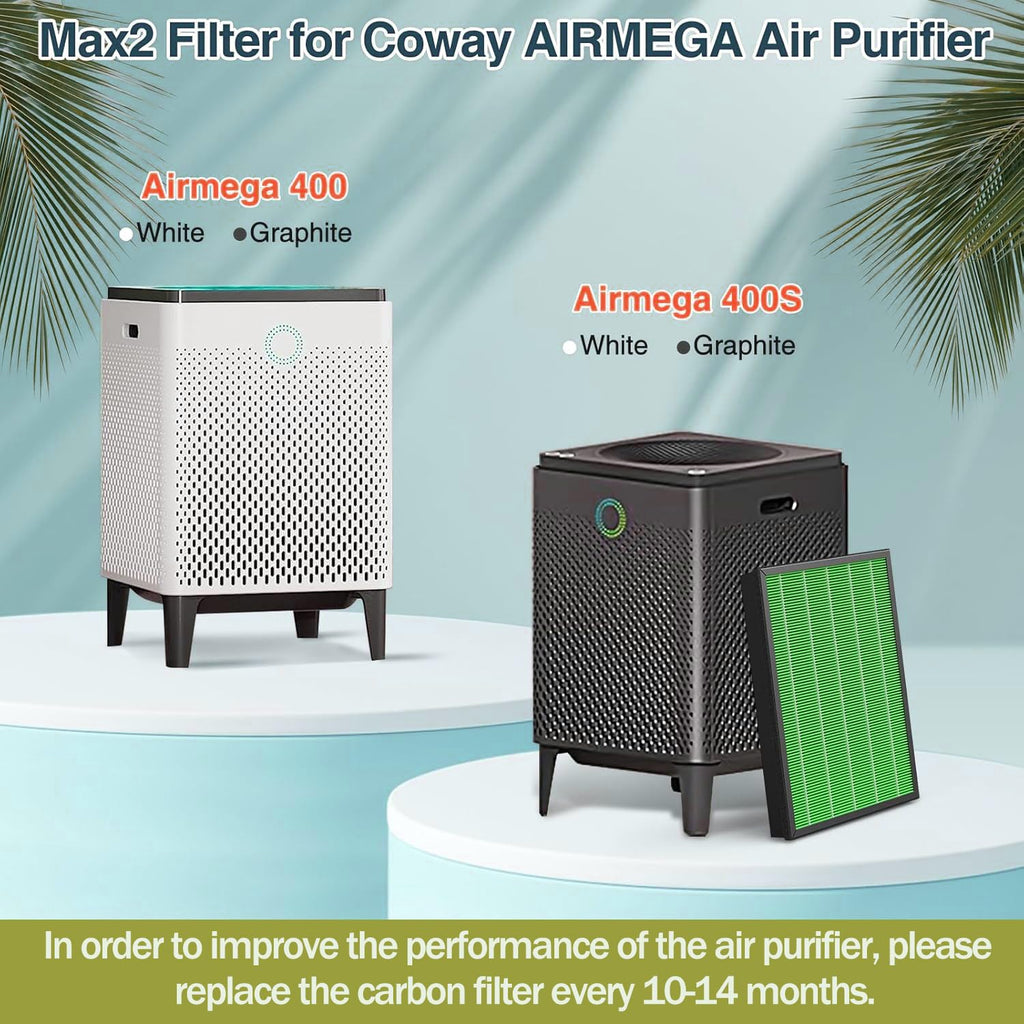 2 Set 400/400S Replacement Filter Compatible with Coway AIRMEGA Max2 400 400S 400(G) 400S(G) Air Purifier, Max2 Green True HEPA and Active Carbon Filter Set, AP-2015-FP