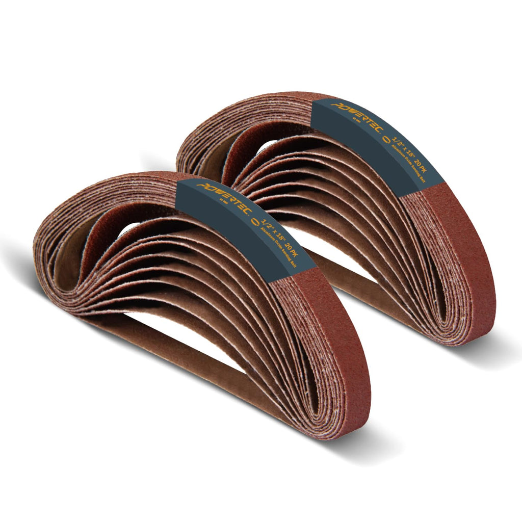 POWERTEC 1/2 x 18 Inch Sanding Belts, 40PK, 80 Grit Aluminum Oxide Belt Sander Sanding Belt for Air File Belt Sander, Woodworking, Metal Polishing (401808-P2)