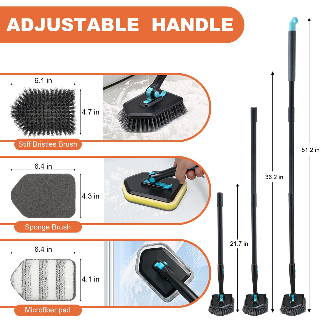 Long Handled Scrub Brush for Shower,3-in-1 Cleaning Brushes with 3 Different Function Cleaning Heads Brush for Shower Cleaning Bathroom Kitchen Walls Tub Tile (Black)