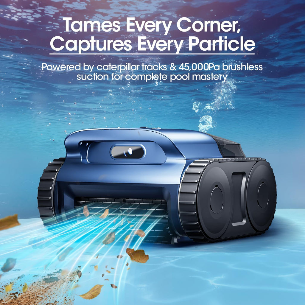 Cordless Robotic Pool Vacuum, Pool Cleaner with Track Drive & Sonar Navigation, 180W Brushless Motor, Wall & Waterline Climbing, 150-Min Runtime, for Inground Above-Ground 2150 Sq. Ft. (Dark Blue)
