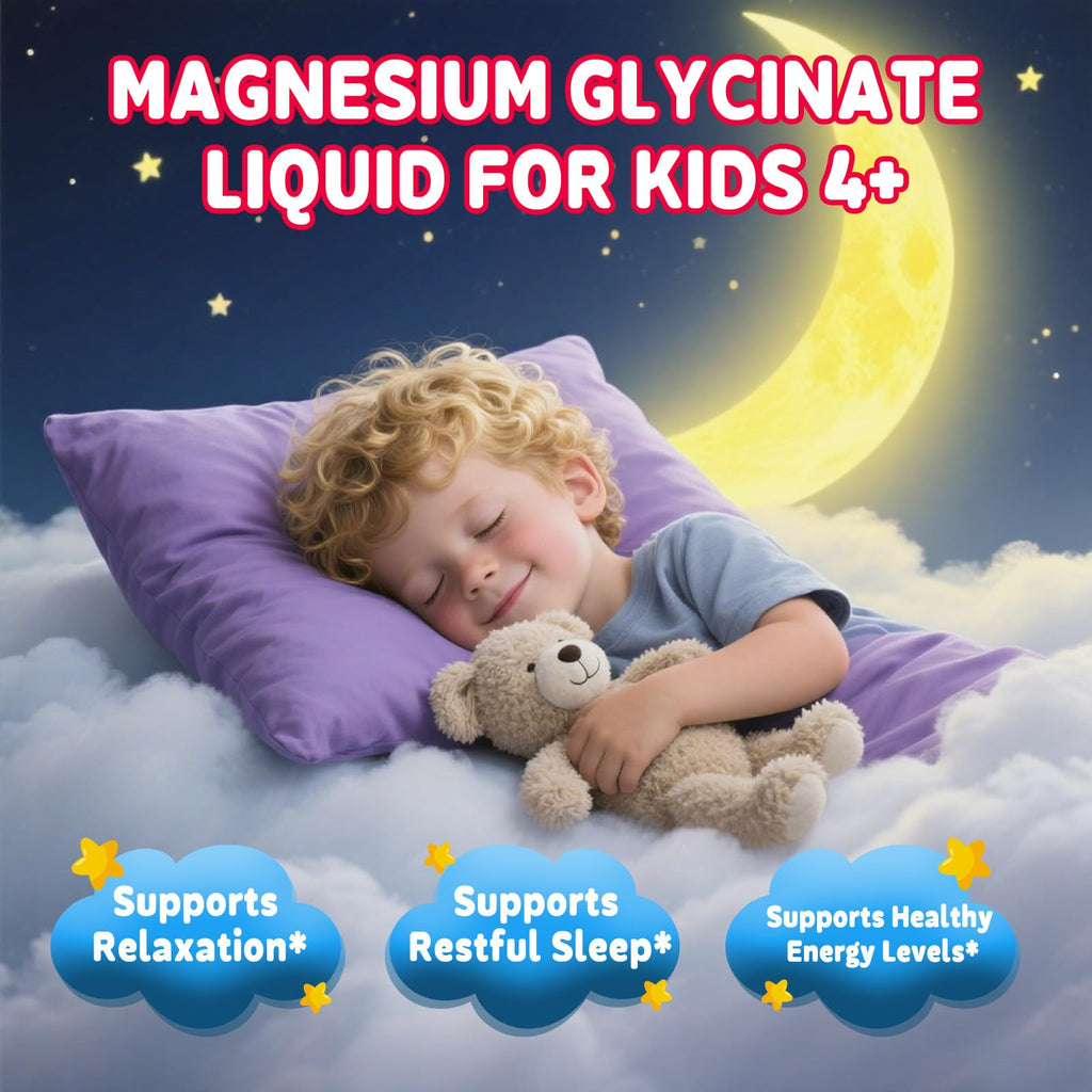 Kids Magnesium Glycinate Liquid Drops‌ – with L-Theanine, Omega-3, Vitamins B6 & D3, Zinc & Calcium – for Sleep Support, Relaxation, Focus & Brain, Bones – Mixed Berry Flavor, 2 Fl Oz