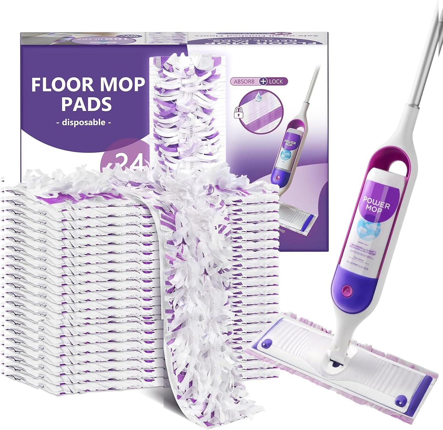 Power Mop Refills, 24 Count Disposable Pads for Swiffer Powermop Mopping - Thickness, Absorbent, Quick Cleaning, Suit All Multi-Surface, [Non-Vacuum Packaged] to Keeps Fluffy