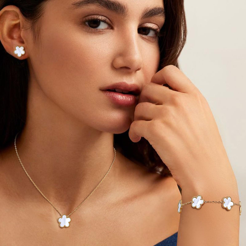 Gold Necklaces Bracelets Earring Set - 18K Gold Plated Flower Bracelet Chain,Stainless Steel Non Tarnish Floral Pendant Stud Jewelry Sets,Christmas Birthday Lucky Gift for Mom Wife Daughter Girlfriend