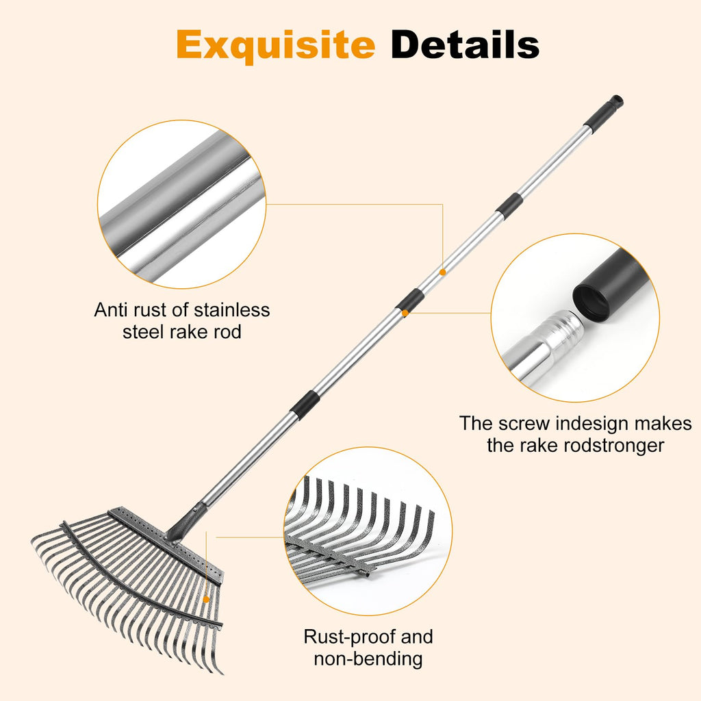 Heavy Duty Garden Rake, Metal Leaf Rake with 73 Inch Adjustable Handle and 25 Tines for Lawn, Yard, Garden Beds, Leaves, Debris and Shrubs