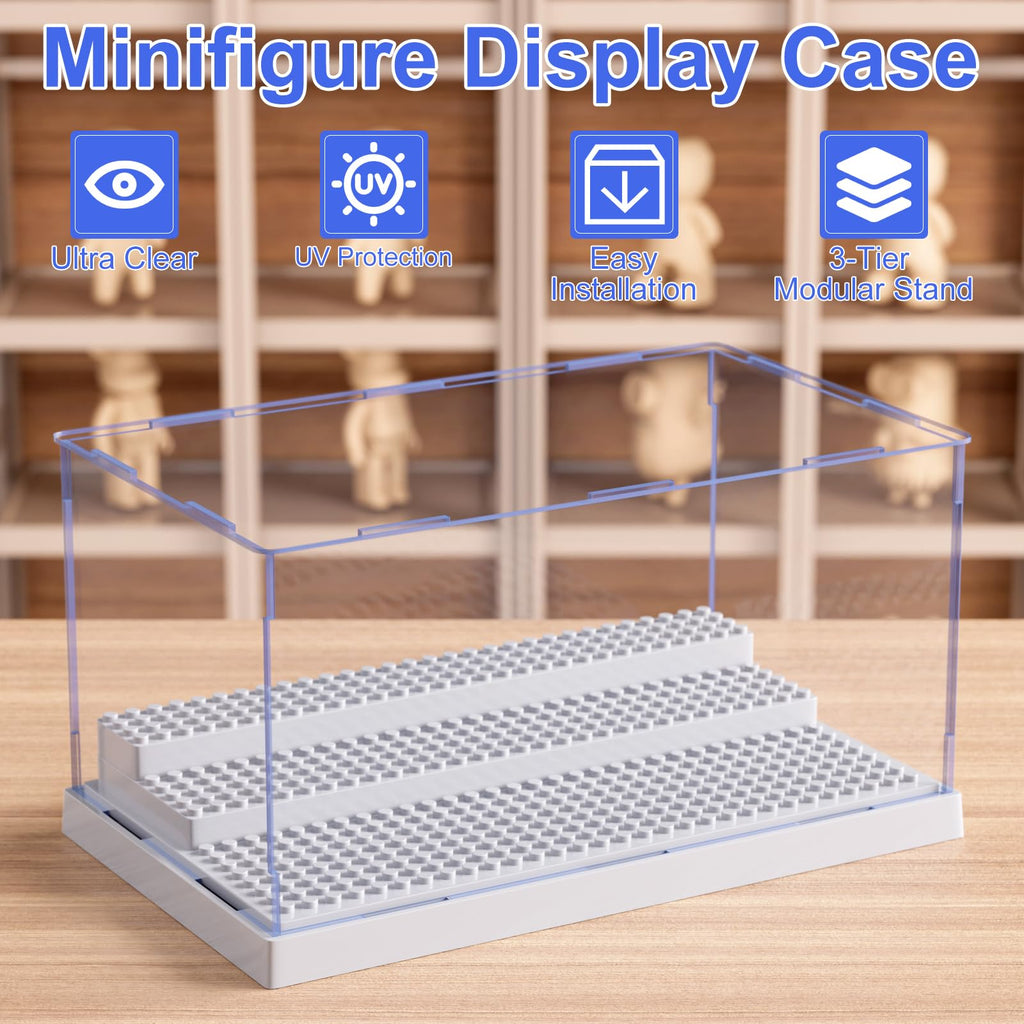Mlikero 2 Pack Display Case for Minifigures Action Figures Blocks, Clear Dustproof Acrylic Display Box Storage with 3 Movable Steps Gifts for Children,Gray…