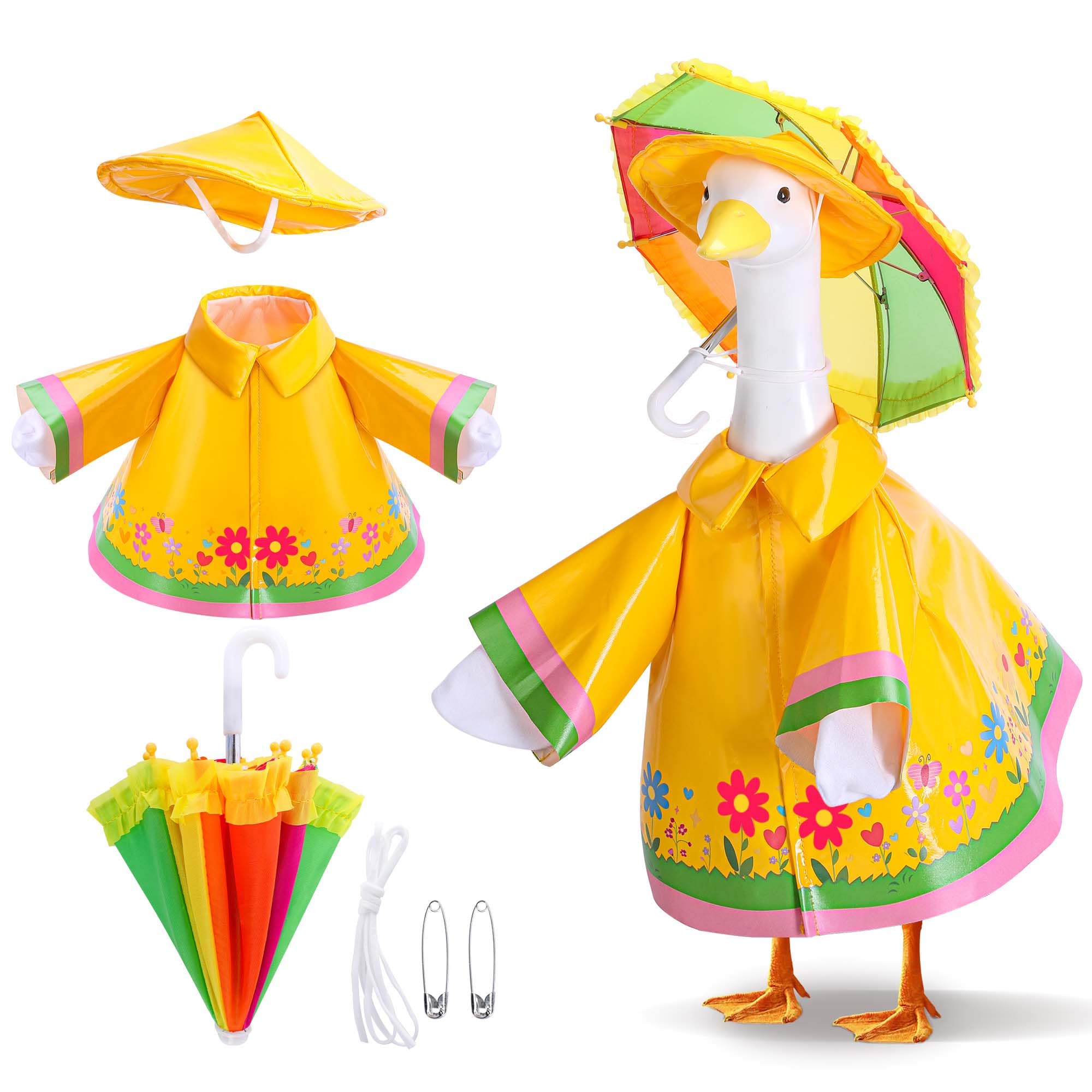 DECOHS 3 Pcs/Set Raincoat Porch Goose Outfits, Summer Lawn Goose Statue Raincoat Costume, Yard Goose Clothes Raincoats Umbrella Hat Outfit for 23" Statue Patio Garden Decoration (Yellow)