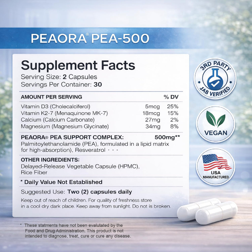 PEAORA PEA-500 - Support for Bladder, & Pelvic Discomfort | For Women & Men | Made in the USA | High-Absorption Palmitoylethanolamide & Resveratrol