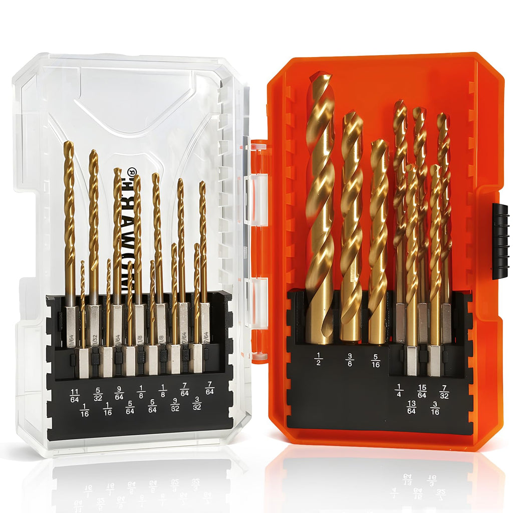 COMOWARE Impact Drill Bit Set - 21 Pcs Hex Titanium HSS Quick Change Impact Driver Bit Set for Wood, Plastic, Aluminum Alloy, Metal, 1/16"-1/2"