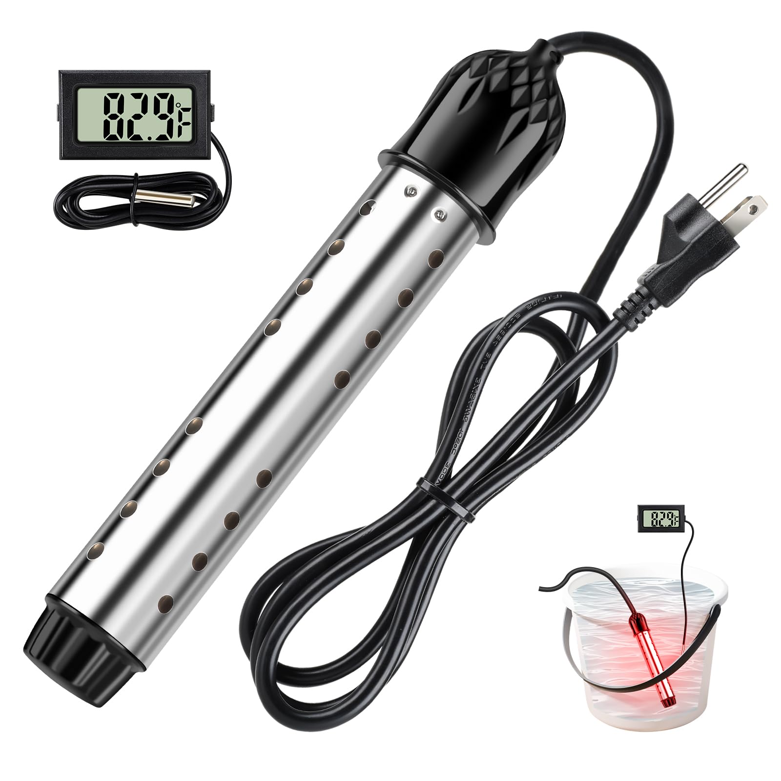 Portable Water Heater for Buckets & Tubs, 2000W Immersion Heater with Intelligent Shut-Off, Stainless Steel Guard & Digital Temperature Sensor, Fast Heating for Backyard Pools, RVs & Home Use