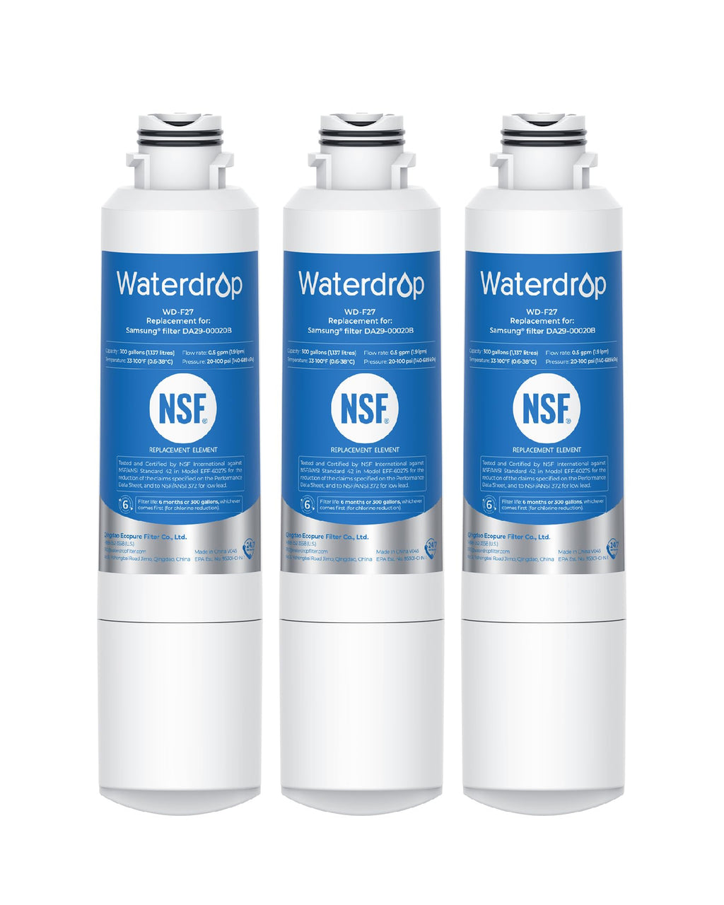 Waterdrop DA29-00020B Refrigerator Water Filter, Replacement for Samsung® HAF-CIN/EXP, DA29-00020A/B, DA29-00020B-1, RF263BEAESR, RF28HMEDBSR, RF263TEAESG, RF4287HARS, 3 Filters