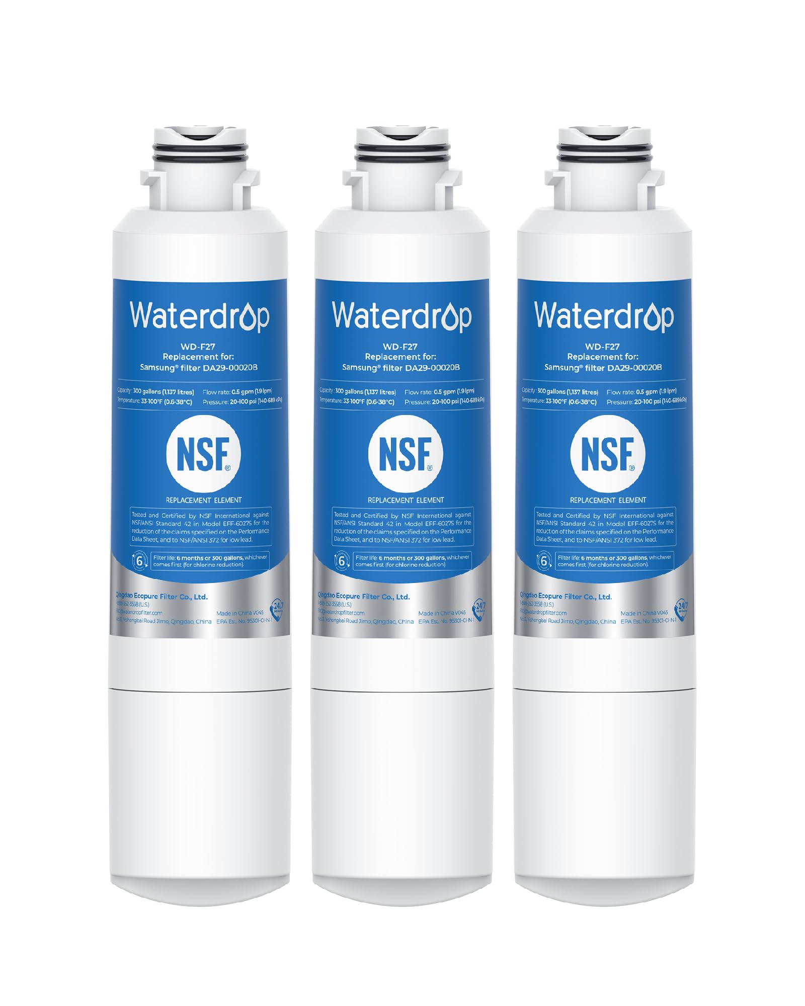 Waterdrop DA29-00020B Refrigerator Water Filter, Replacement for Samsung® HAF-CIN/EXP, DA29-00020A/B, DA29-00020B-1, RF263BEAESR, RF28HMEDBSR, RF263TEAESG, RF4287HARS, 3 Filters