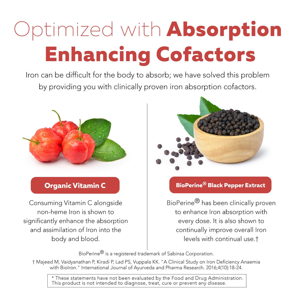 Organic Iron Supplement | Whole Food Mineral & Cofactors, 25 mg Elemental | Enhanced Absorption Plus Blood Health Vitamins – Gentle Form – Supports Healthy Levels & Blood Health – 90 Capsules