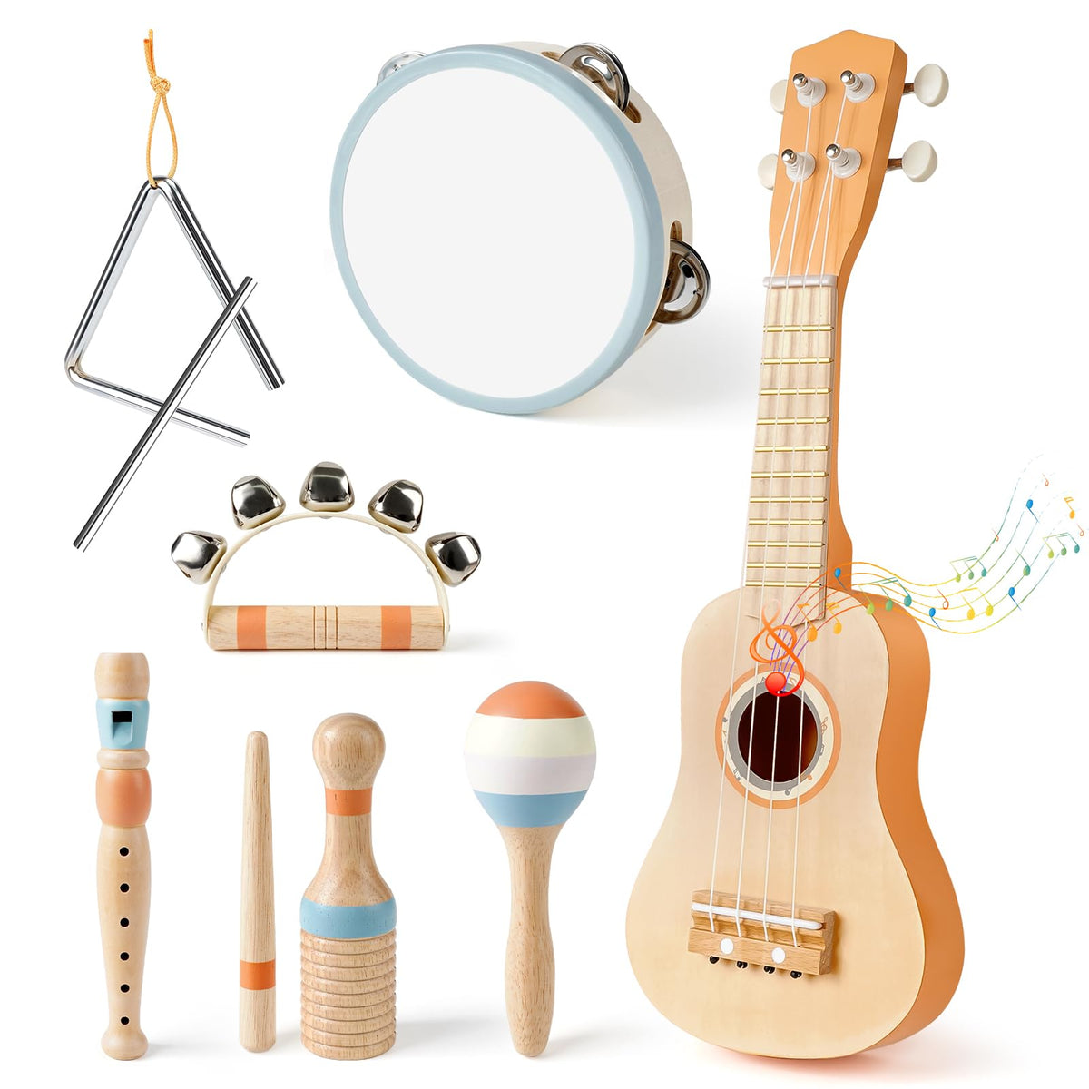 Vanplay Kids Guitar Set, 7-Piece Wooden Musical Instruments for Toddler 2-3