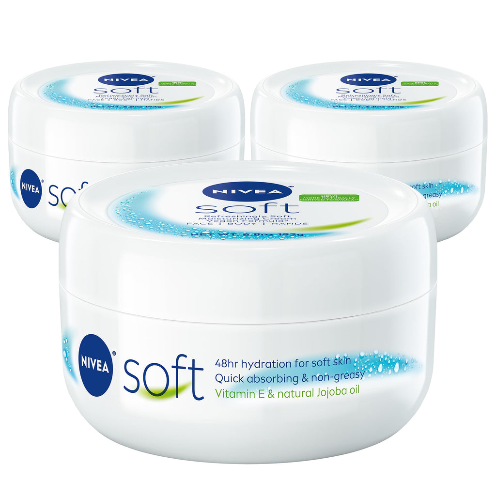 NIVEA Soft Refreshingly Soft Moisturizing Cream for Face, Body and Hands, Lightweight, Non-Greasy, 48-Hour Body Moisturizer with Jojoba Oil and Vitamin E, 6.8 Oz Jar, Pack of 3
