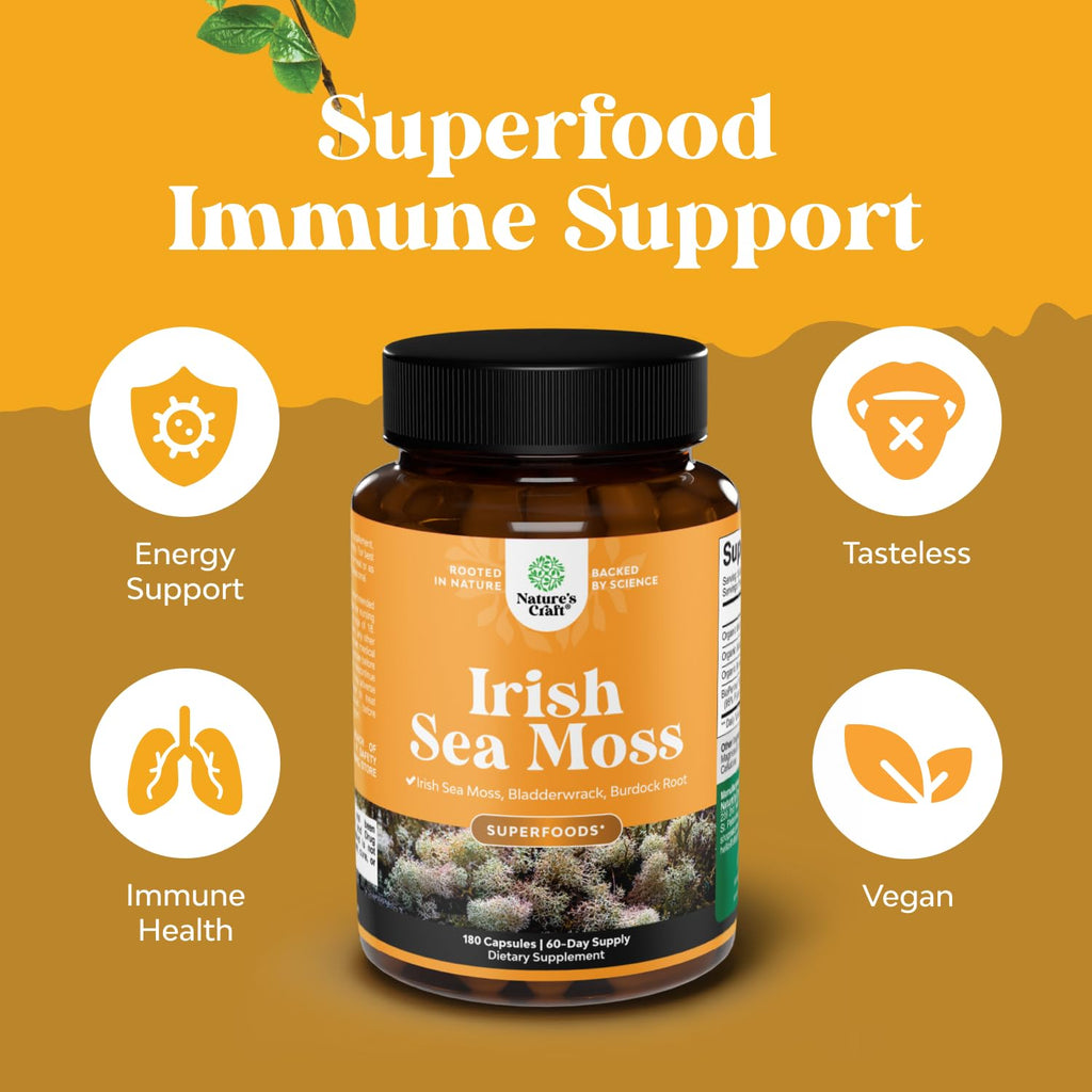 Natures Craft Irish Sea Moss Capsules - Sea Moss Pills with 2100mg Serving Superfood Complex with Bladderwrack Burdock Root and BioPerine for Immune Skin & Thyroid Support - Vegan Non-GMO - 180 Count