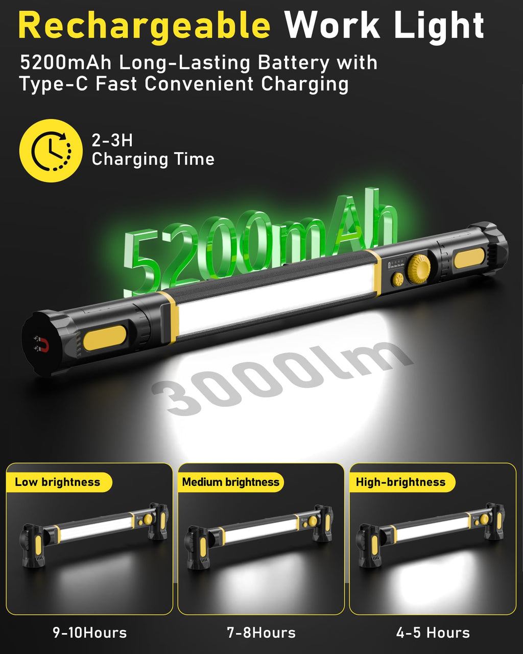 Magnetic Work Light, 5200mAh Rechargeable LED Work Light Bar, 3000 Lumens Bright Under-Hood Mechanic Light for Car Repairing/Inspection/Garage/Workshop/Emergency (1 Pack, Black-Yellow)