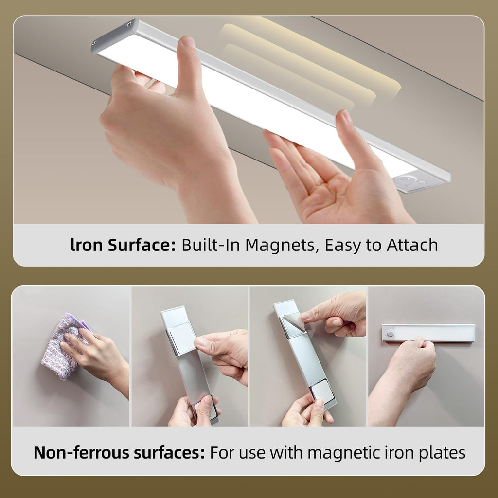 16inch Under Cabinet Lighting, 4 Pack Rechargeable Motion Sensor Light Indoor, Wireless Dimmable Magnetic Closet Lights, 68 LED Under Counter Lights for Kitchen, Wardrobe, Stairs, Warm Light