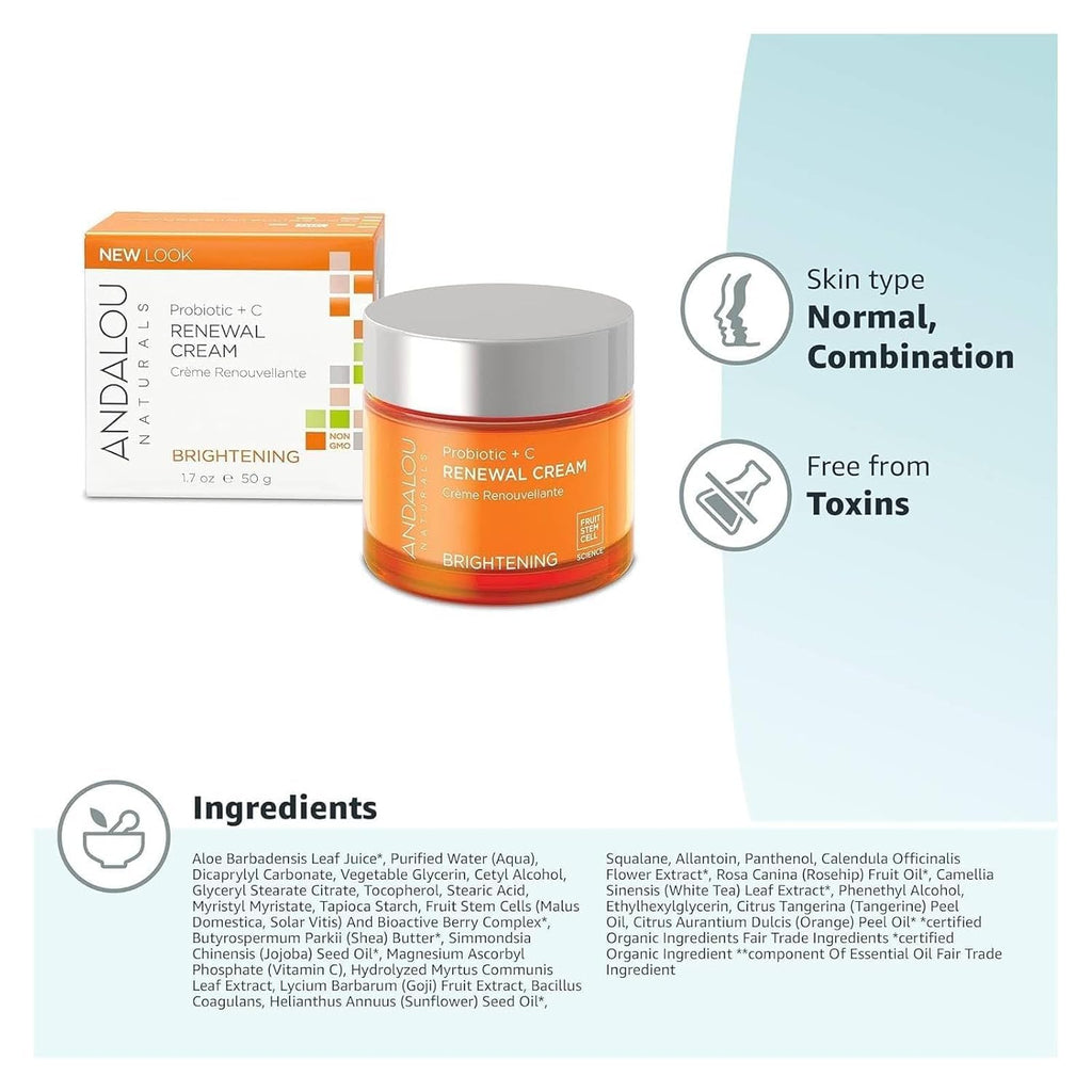 Andalou Naturals Probiotic + Vitamin C Renewal Cream - Complexion Enhancing Hydrating Face Moisturizer - Helps Promote Firmer Skin & More Even Tone - Lightweight, Non-Greasy Formula - 1.7 Oz