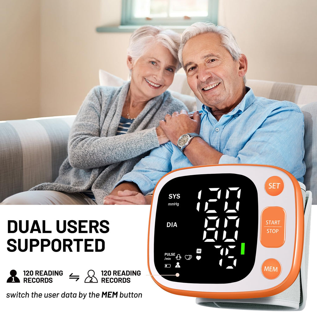 Oklar Blood Pressure Monitors for Home Use Rechargeable Wrist Digital BP Machine Cuff with LED Backlit Display, Voice Broadcast, 240 Memory Storage for 2 Users with Carrying Case, Orange