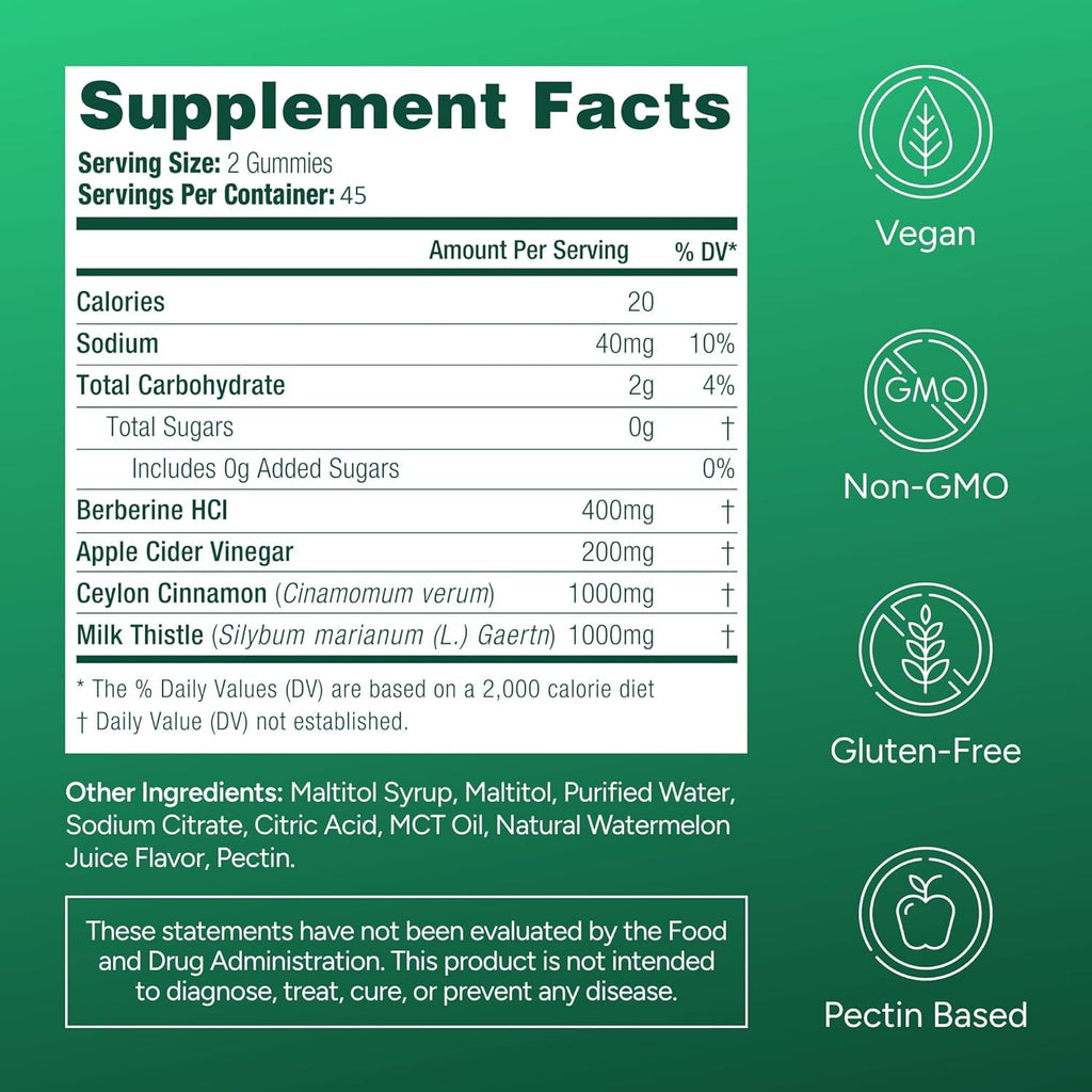 Sugar-Free Berberine Gummies with Apple Cider Vinegar, Cinnamon & Milk Thistle - Appetite Control and Detox for Women and Men - Natural Hunger & Craving Control - 90ct