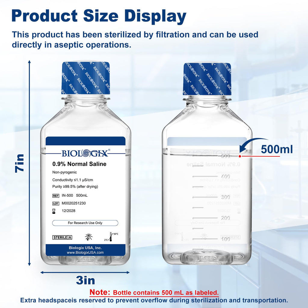 CryoKing 0.9% Normal Saline Solution, 0.1μm Filtration Sterilized Sodium Chloride Solution, Ready-to-Use Buffer for Lab Research Only, 500ml/Bottle, 2 Bottles/Case (1000ml Total)