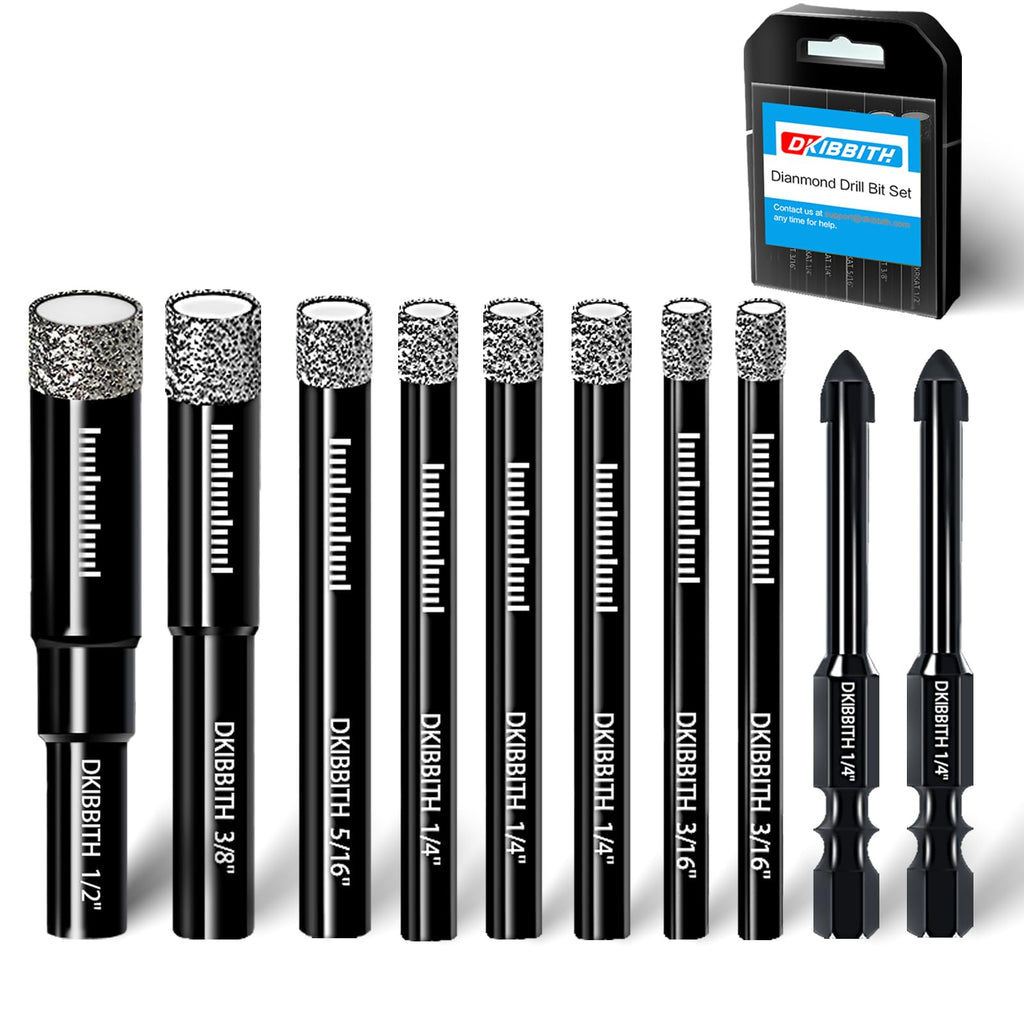 DKIBBITH 10 Pack Dry Diamond Drill Bits & Tile Drill Bit Set for Ceramic, Porcelain, Marble, Granite, Stone, Glass - Round Shank 3/16"(x2), 1/4"(x3), 5/16", 3/8", 1/2"+2 Pack Drill Bits 1/4"