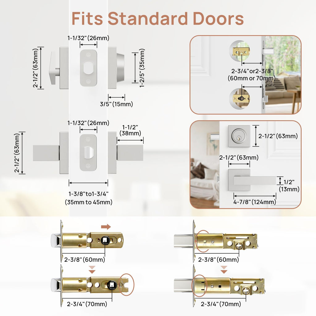 Camtek Front Door Lock Set with Deadbolt, Exterior Door Handle with Single Cylinder Deadbolt Lock, Flat Square Passage Brushed Nickel Door Locks for Front Door, 3 Pack (All Same Keyed Alike)