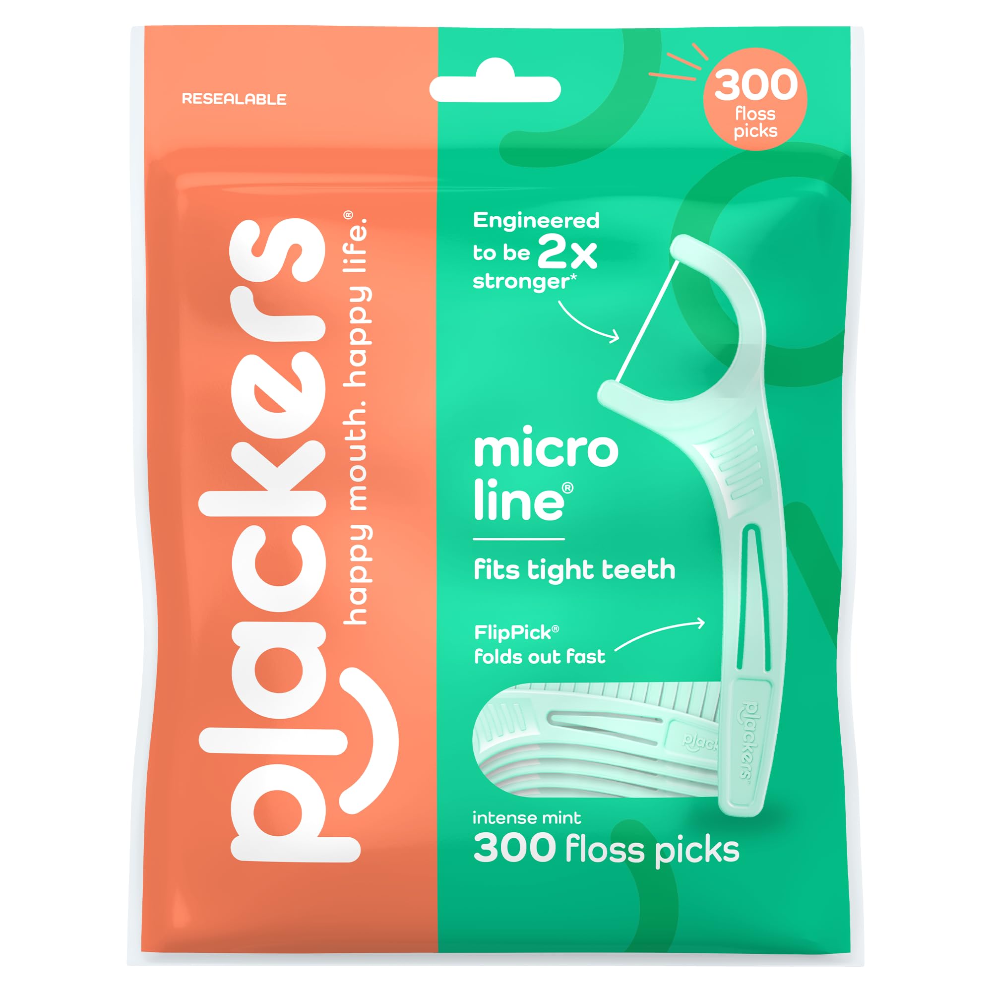 Plackers® Micro Line® Floss Picks - Intense Mint, Floss Fiber Made Without PTFE, 300 Count