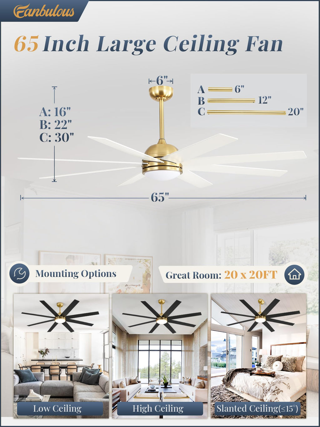 Fanbulous 65 Inch Ceiling Fans with Lights and Remote, Gold Indoor/Outdoor Ceiling Fan with Quiet Reversible DC Motor, 6 Speeds, 3CCT, 8 Blades Large Ceiling Fan for Living Room Bedroom Patio