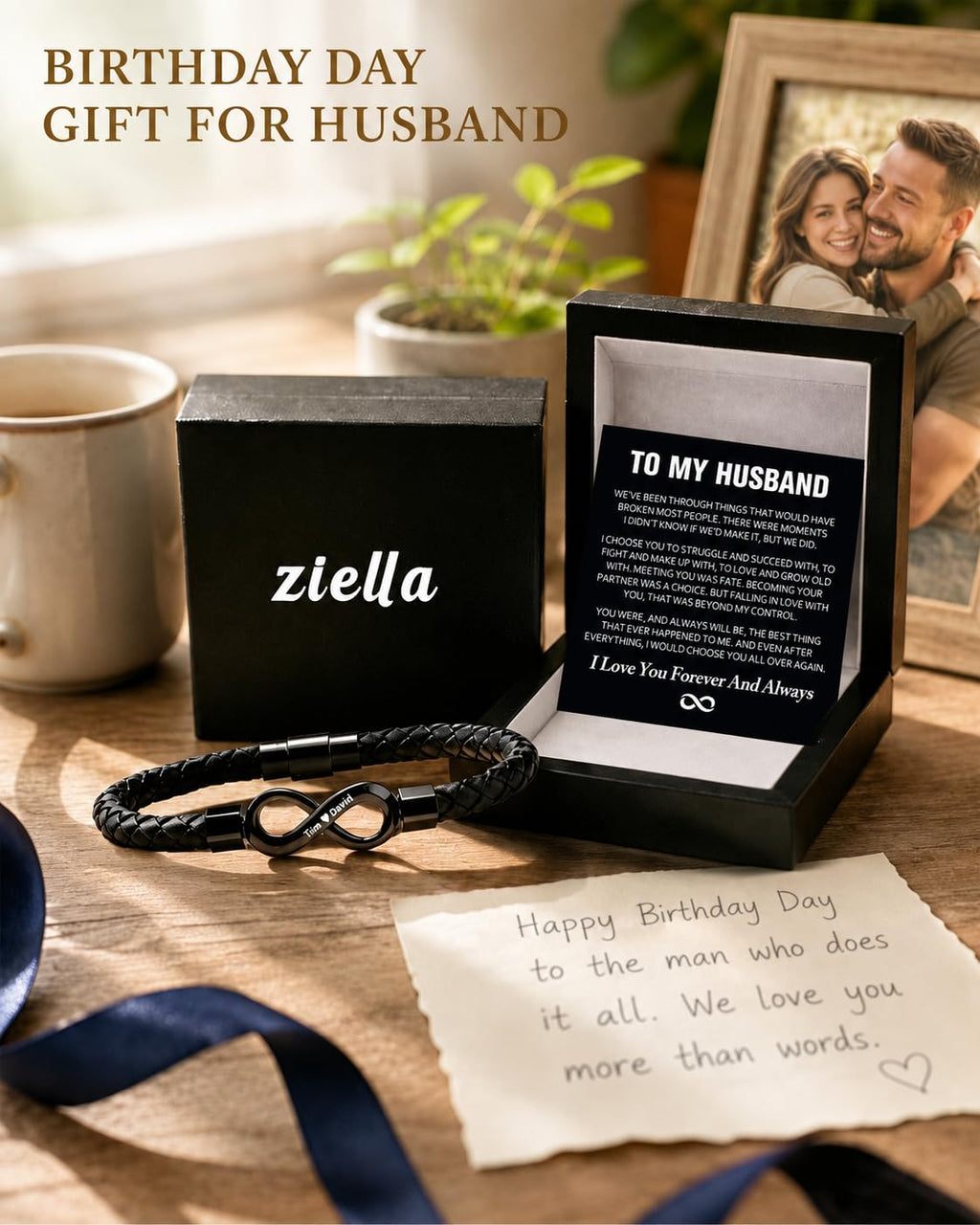 ziella To My Husband Bracelet,Dual Name Infinity Leather Bracelet,Personalized Custom Name Stainless Steel Bracelet Holiday Birthday for Him (9inch, 9inch)