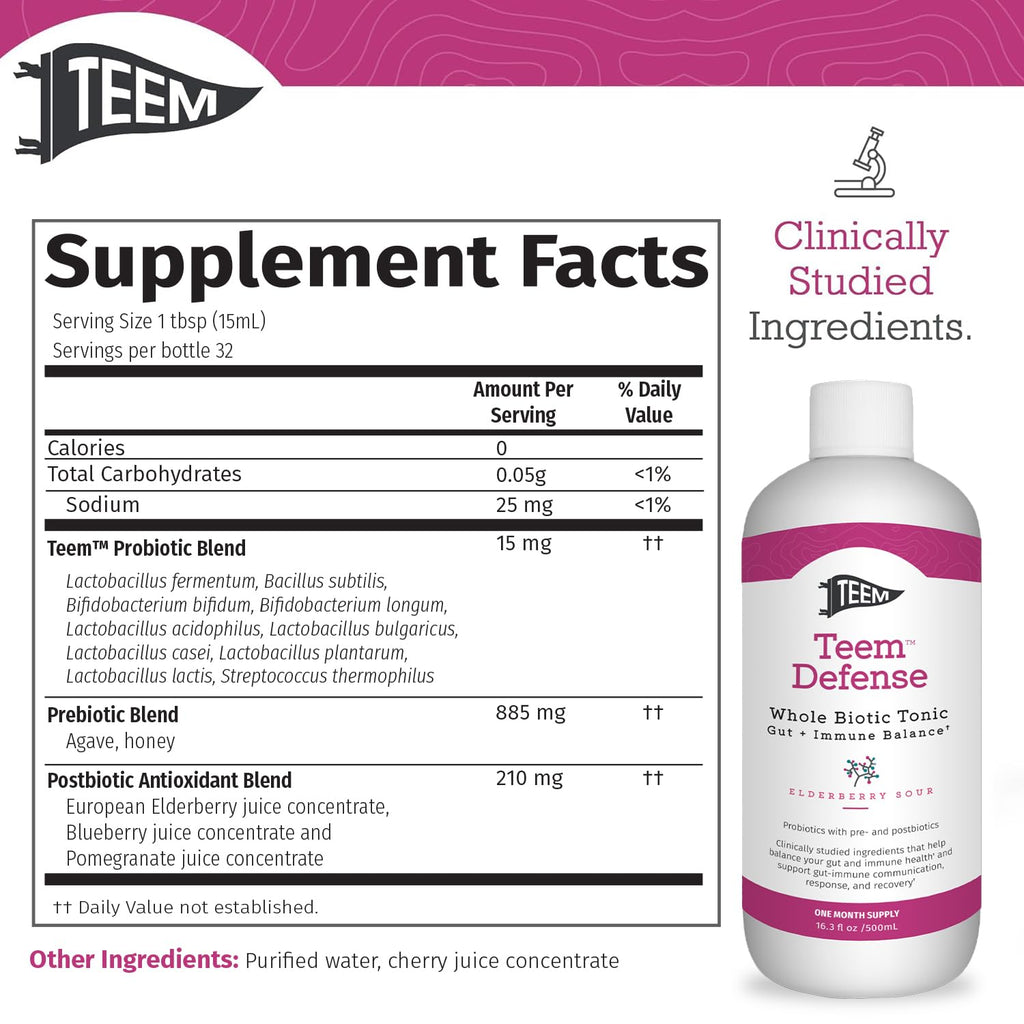 Teem Defense Liquid Probiotic with Elderberry, Whole Biotic Tonic for Digestion & Immunity, Prebiotic Probiotic & Postbiotic Supplement for Kids and Adults, 30 Day Supply – 16.3 Fl.Oz