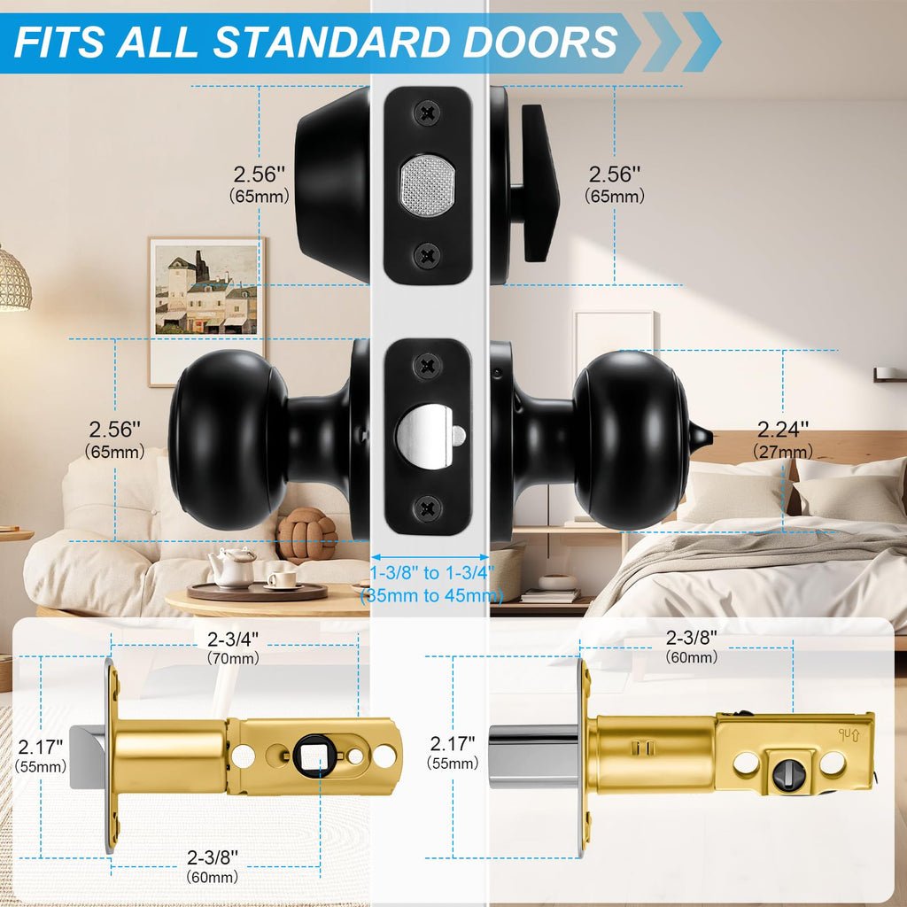 Plustool 2 Pack Front Door Lock Set Matte Black,Exterior Door Lock Set with Deadbolt,Single Cylinder Deadbolt Lock and Door Knob Set,Keyed Alike Door Knobs with Lock&Keys,Round Ball Entry Door Lockset