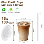 Lideropa 100 Pack 16oz Clear Plastic Cups with Lids and Straws, Leak-Proof Disposable Iced Coffee Cups, BPA-Free Recyclable PET To-Go Cups for Smoothies & Cold Drinks