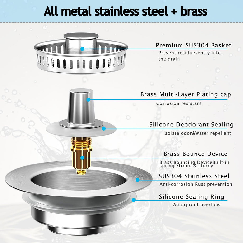 Sink Drain Strainer 3 in 1, 304 Stainless Steel Pop Up Kitchen Sink Stopper with Anti-Clogging Basket, Kitchen Essential Drain Anti-Clog Gadgets, Fits US Standard 3-1/2'' Sink Drain (Silver, 2 Pack)