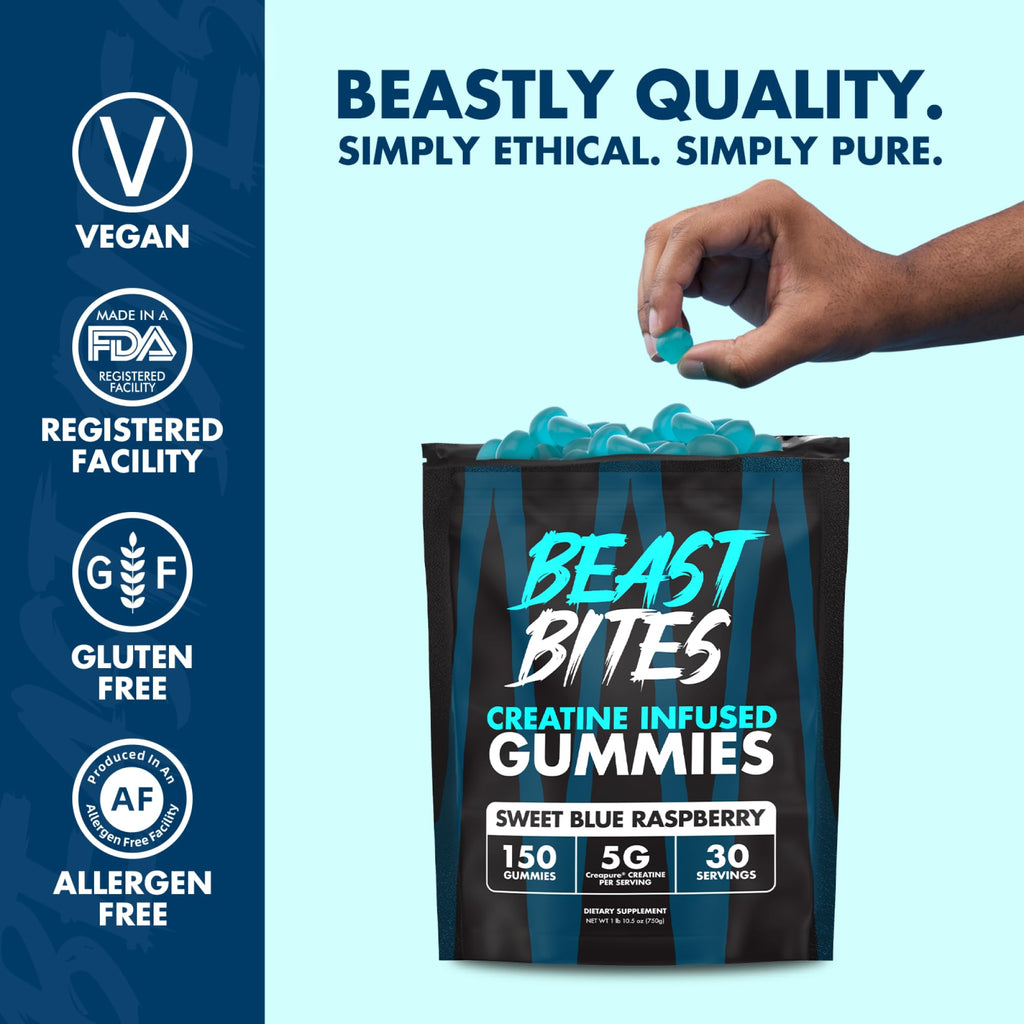 BEAST BITES - Creatine Infused Gummies - 5g Creapure Creatine Monohydrate Per Serving - NSF Certified for Sport - 30 Servings (Blue Raspberry)