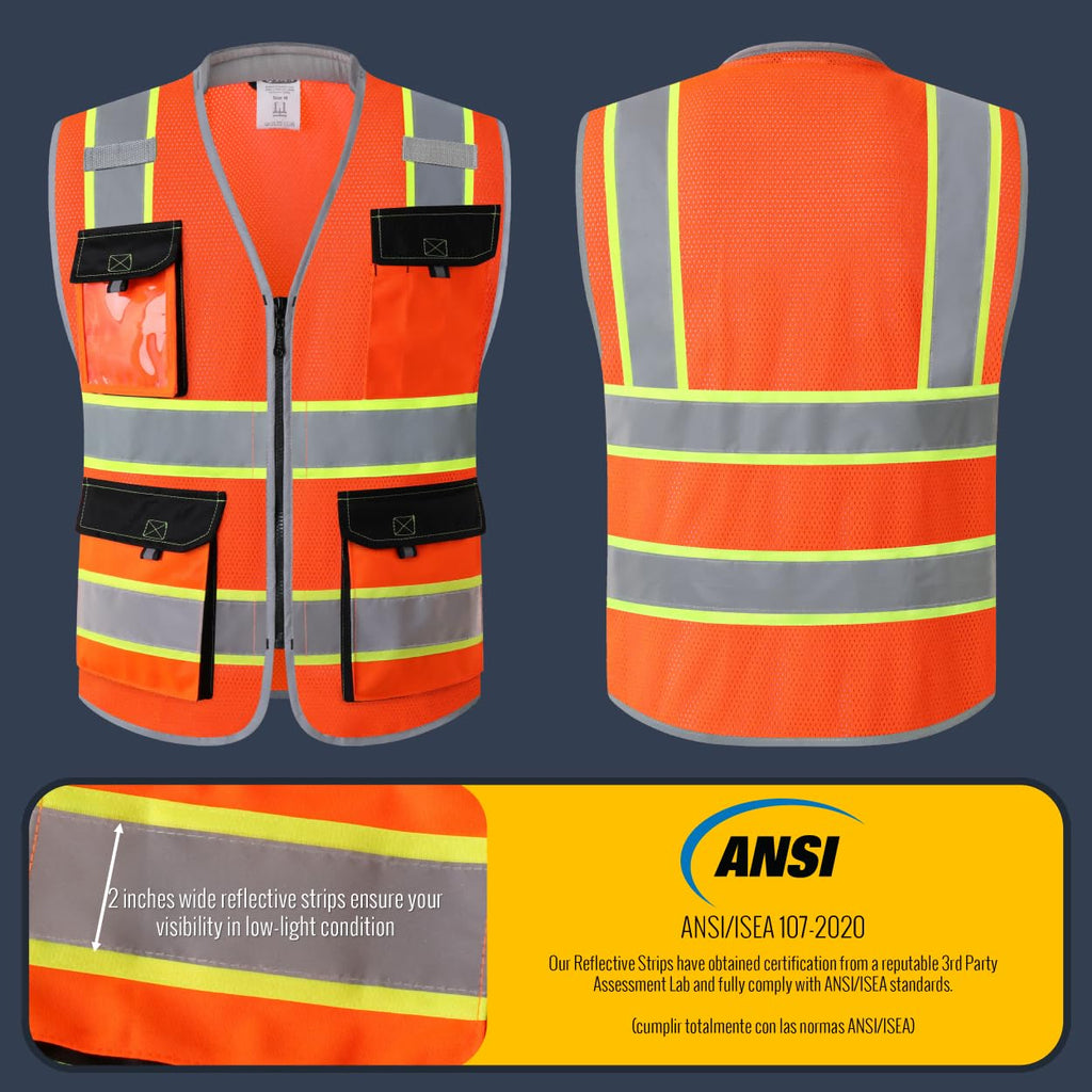 JKSafety Safety Vest for Men Women Hi Vis with Pockets and Cushioned Collar Reflective High Visibility Vest Class 2 Meet ANSI Standard Orange Color Extended Yellow Strips (BX360-Orange M) 1 Piece