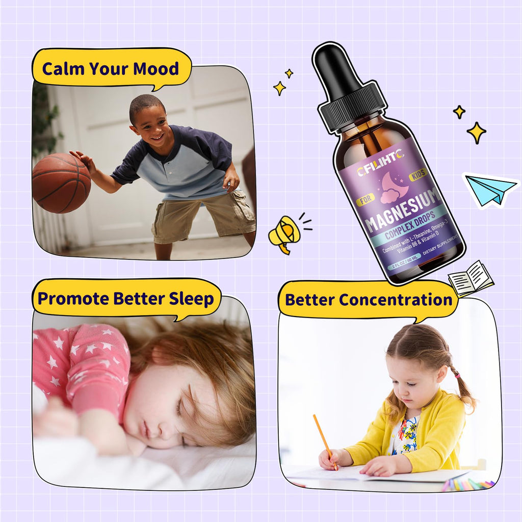 Kids Magnesium Liquid Drops-Magnesium Glycinate Liquid for Kids Supplement-w/L-theanine, Omega-3, Vitamin B6, D3 - for Sleep, Relaxation, Brain, Bones - 2 Fl Oz Children's Calm, Strawberry Flavor
